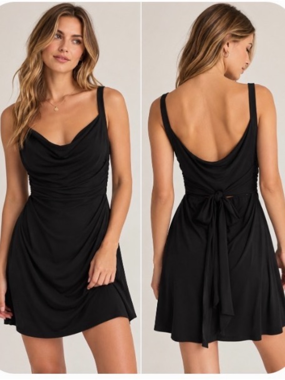 Sleek Black Cowl-Neck Mini Dress with Tie-Back